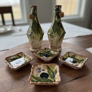 Hand-Painted Olive Oil Bottle and Dish, 6 pieces Set
